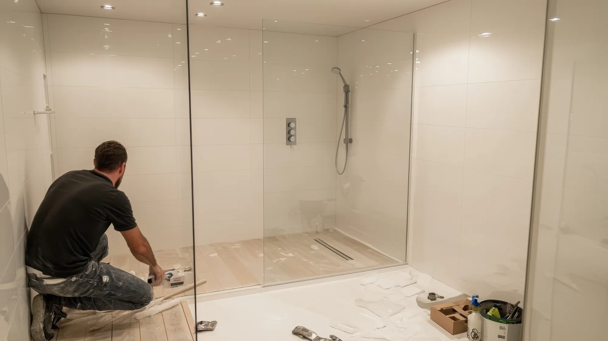 Handwerker fliest ein Bad mit bodengleicher Dusche